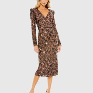 Mac Duggal Brown Embellished Midi Dress