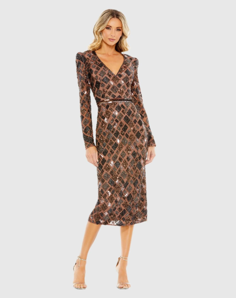 Mac Duggal Brown Embellished Midi Dress