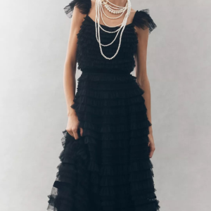 Mac Duggal Sleeveless Tulle Ruffle Midi Dress