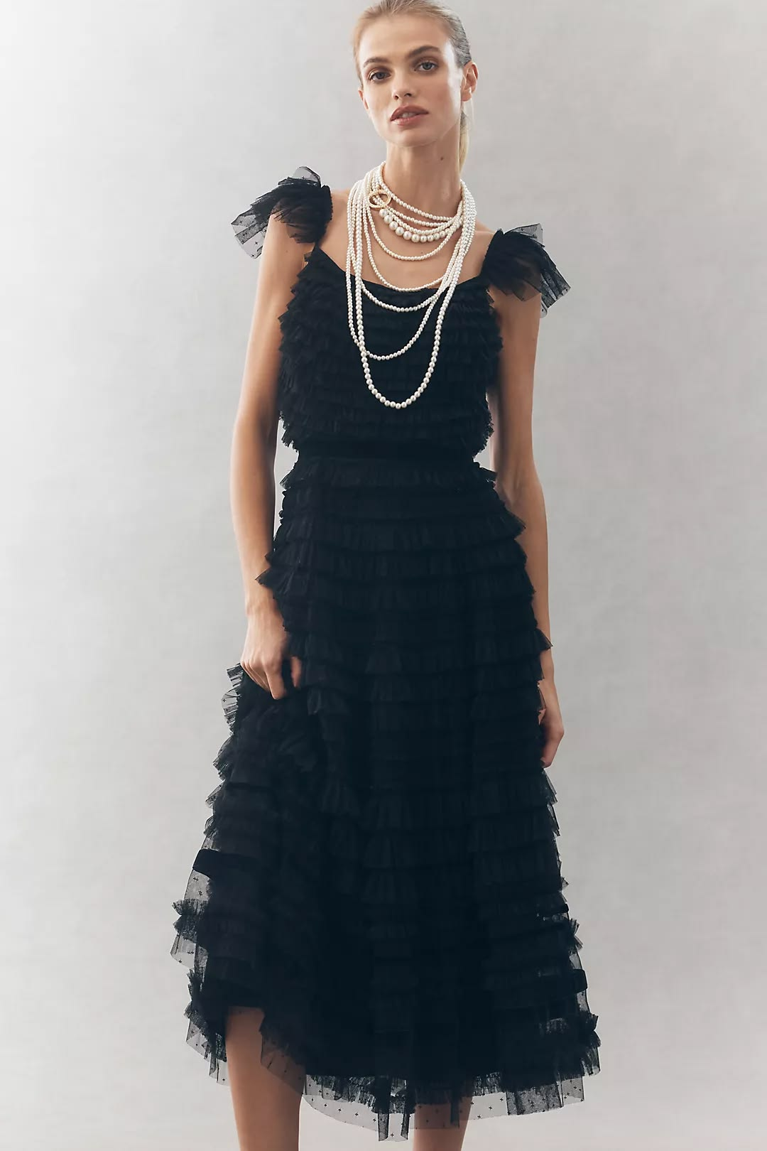 Mac Duggal Sleeveless Tulle Ruffle Midi Dress